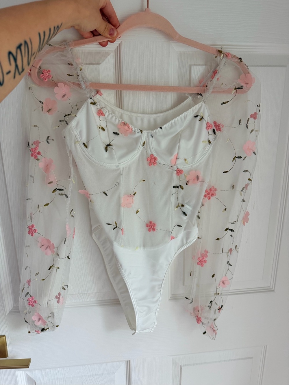 SHEIN White Mesh Floral Bodysuit with Pink Appliqués